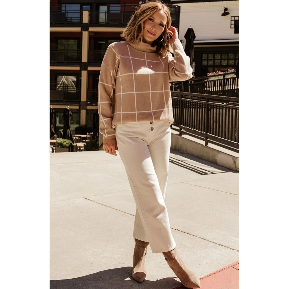 Gilli Tan White Windowpane Grid Turtleneck Sweater Long Sleeve‎ Size S
